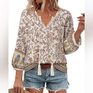 Boho Floral V Neck Blouse Tassel Sleeve Boutique Top XL